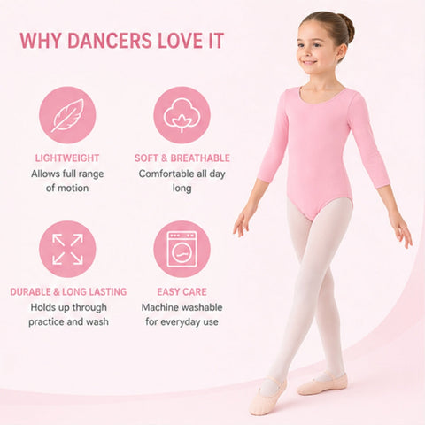 Moret Kids Girls' Ballet and Dance 3/4 Sleeve Leotard - Classic Cotton Stretch Studio Practice Outfit for Gymnastics Recitals Winter and Performance, Pink, X-Small