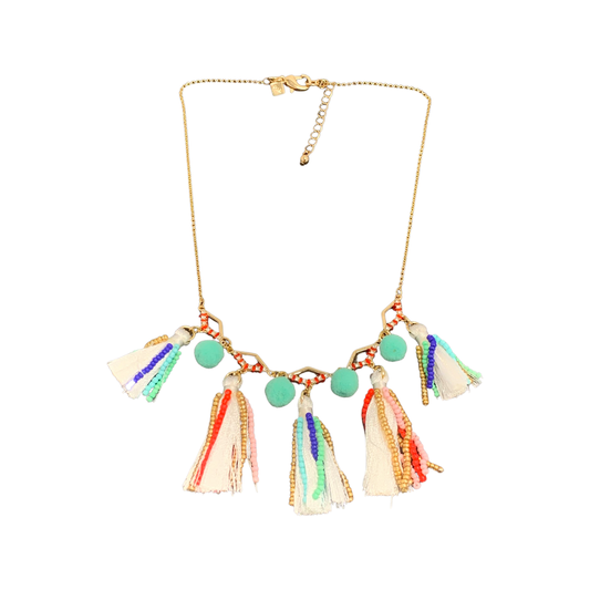 Rebecca Minkoff Gold Necklace With Beads Fringe And Pom Pom Balls